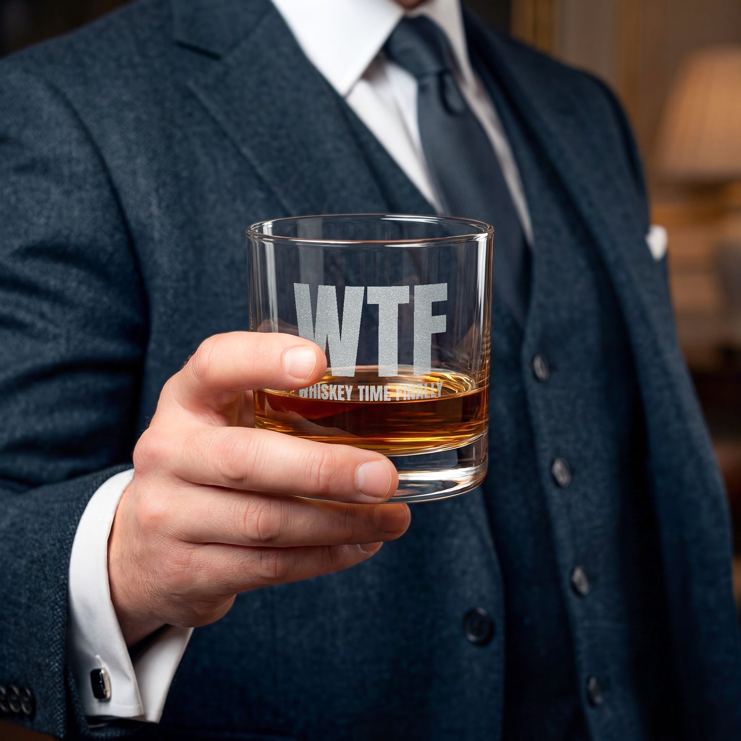 WTF Whiskey Time Finally 10.5 oz Engraved Whiskey Glass