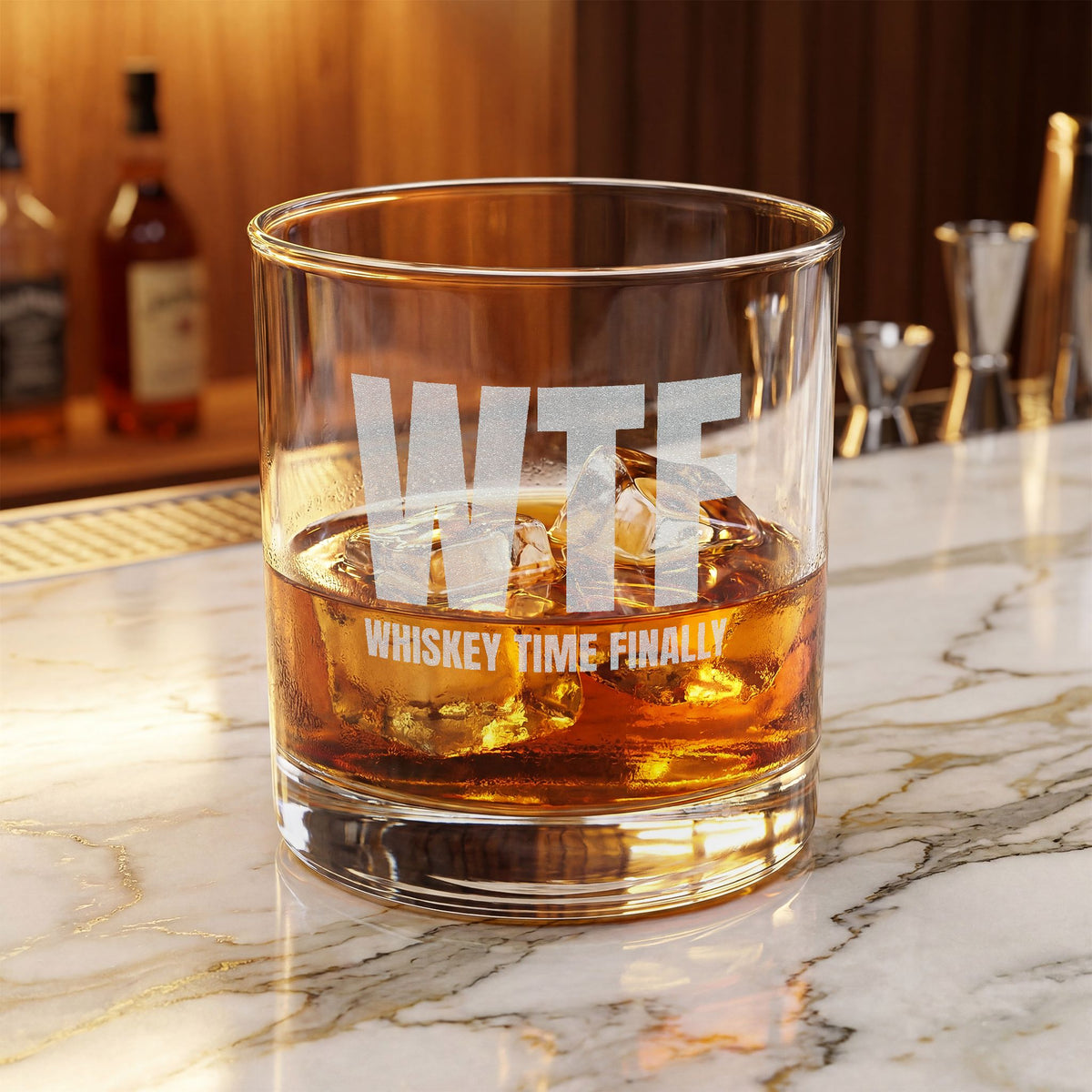 WTF Whiskey Time Finally 10.5 oz Engraved Whiskey Glass